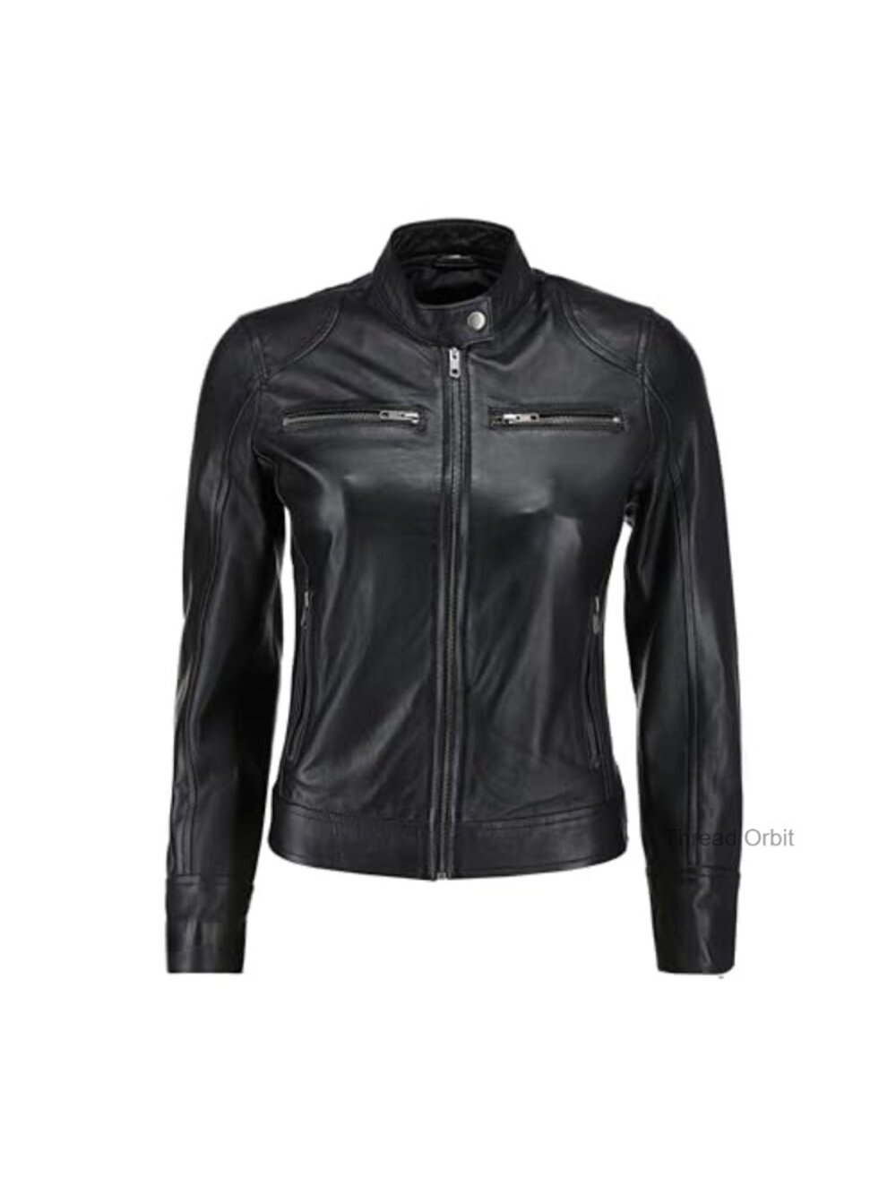 Genuine Lambskin Leather Cafe Racer Jacket Quilted Shoulders Zip Front